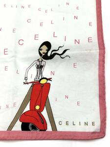 CELINE　セリーヌ　スカーフ　ハンカチ　バイクに乗る女性　縁ライトピンク　コットン　40×40