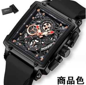 ◆国内即発送◆　高級メンズ腕時計　アナログ　クロノグラフ　スクエアデザイン　黒　ブラック　ステンレス　正規品　プレゼント