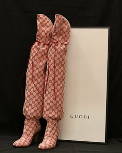 【中古美品】GUCCI グッチ GGキャンバス ニーハイブーツ GG柄ロングブーツ レディース サイズ38.5 赤 レッド 523513 箱付き　