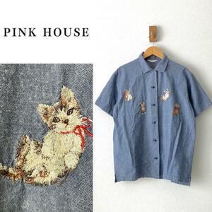 希少ピンクハウス 猫 ネコ ねこ 刺繍 シャンブレー 半袖シャツ