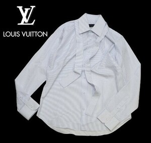 国内正規 Louis Vuitton タイ付き ストライプロゴ コットン長袖シャツ ルイヴィトン L/S ドレス SHIRT ピンスト ホワイト サックス L K-20