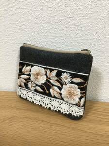 ☆ハンドメイド　ミニポーチ　インド刺繍リボン付きポーチ　化粧ポーチ　小物入れ　カード入れ 小銭入れ 手作り☆