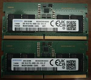 ノート用メモリ2枚　Samsung SODIMM DDR5 8GB１RX16 PC5-4800B-SCO-1010-XT 8GBx2枚　計16GB_T1AK000