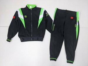 1．adidas 80s デサント製 ヴィンテージ ジャージ 上下 セット トラック ジャケット パンツ 90s Y2K アディダス メンズM 黒蛍光緑y408