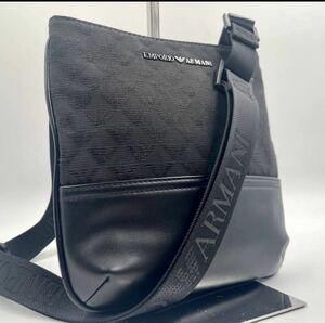 【美品】EMPORIO ARMANI エンポリオアルマーニ サコッシュ ショルダーバッグ キャンバス レザー 斜め掛け メンズ ブラック 黒 