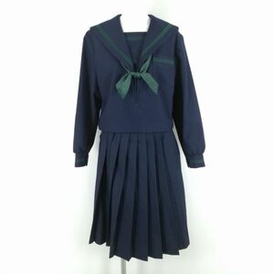 1円 セーラー服 スカート スカーフ 上下3点セット 冬物 緑3本線 女子 学生服 中学 高校 紺 制服 中古 ランクB NA1385