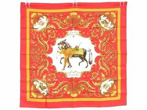 1円 ■新品同様■ HERMES エルメス Cheval Jurc【トルコの馬】カレ90 シルク100% 大判 スカーフ ストール ショール レッド系 FC1241