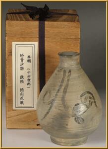 ★名品酒器【 粉青沙器 鉄絵草花文徳利 】李朝陶磁 陶瓷 高麗茶碗 民芸 民藝 柳宗悦古美術 波兎 骨董 ★