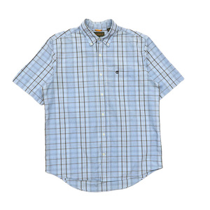 古着 ティンバーランド ボタンダウンシャツ 半袖 チェック柄 サックスブルーベース サイズ表記：XL　gd79253