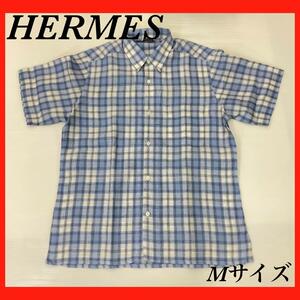 HERMES エルメス　半袖　チェックシャツ　リネン100%