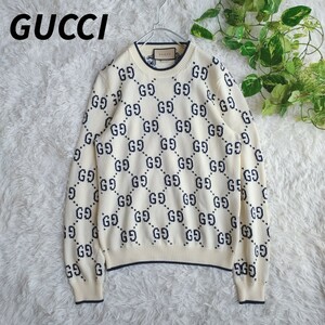 ■極美品■2022ss GUCCI グッチ コットンニット スウェットシャツ セーター GG シマ インターロッキング メンズ レディース S〜M 175cm