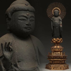 ES007 時代 仏教美術 漆箔 木造「阿弥陀如来立像」全高47.5cm 仏高21.5cm・木雕阿彌陀佛像・仏像・古仏