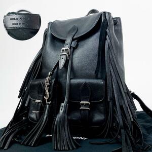 1円 美品 サンローラン SAINT LAURENT PARIS フェスティバル フリンジ バックパック ブラック カーフレザー リュックサック デイパック 黒