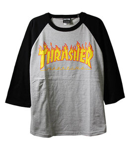 Thrasher (スラッシャー) ラグランTシャツ 七分袖 Mag Logo Raglan 3/4 T-shirt Black×Grey グレー (M) スケボー SK8 スケートボード