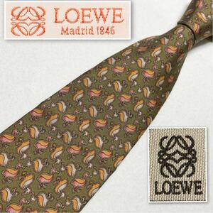 ■美品■LOEWE ロエベ　ネクタイ　アヒル　総柄　シルク100% スペイン製　オリーブ系　ビジネス