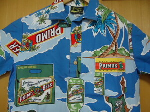 即決　ハワイ　Paradise Style　プリモビール　ヴィンテージ　アロハシャツ　ブルー・水色　ロゴ・ヤシの木柄　Ｓ　PRIMO