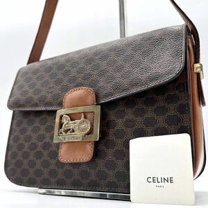 2310【美品】CELINE セリーヌ ショルダーバッグ 斜め掛け フラップ マカダム柄 トリオンフ 馬車金具 ゴールド金具 PVC レザー 本革