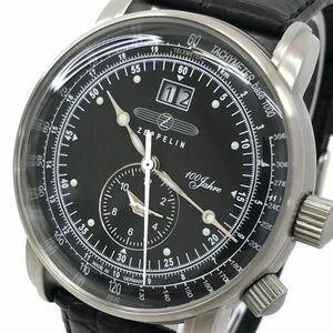 美品 ZEPPELIN ツェッペリン 100周年記念モデル 腕時計 7640-2 クオーツ ブラック デュアルタイム タキメーター カレンダー 動作確認済