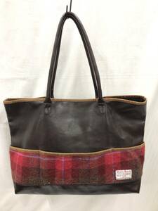 COMME CA ISM x Harris Tweed コムサイズムxハリスツイード レザートートバッグ ブラウンxレッド 23061202