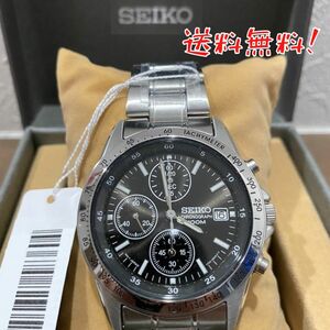 【送料無料】新品 未使用 腕時計 人気！ SEIKO（セイコー） メンズ クロノグラフ シンプル オシャレ 激安 クオーツ シルバー 防水 ブラック