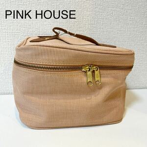 PINK HOUSE ピンクハウス バニティバッグ ポーチ メイクポーチ 化粧ポーチ サーモンピンク　チェック　ビンテージ【TAA-124】