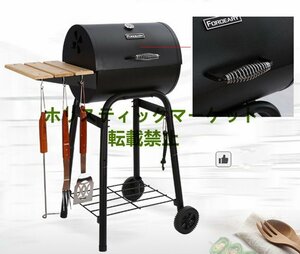 超人気★ 蒸し焼き 燻製も出来る蓋付き オフセットスモーカー チャコール グリル BBQグリル バーベキューコンロ 大型 温度計付き 移動可能