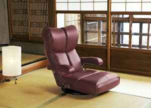 触り心地の良いスーパーソフトレザーの張地のハイバック座椅子 ワインレッド色　日本製　肘付き　回転