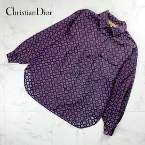 Christian Dior クリスチャン ディオール シルク混 総柄シャツ 長袖 トップス レディース 紺 ネイビー サイズM*NC1005
