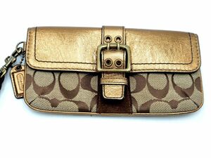 COACH コーチ キャンバス シグネチャー フラップ ミニ ポーチ ゴールドｘベージュ ■■ ☆ ebb5 レディース