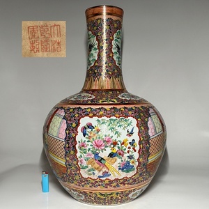 【瑞】中国美術　粉彩　花鳥蝶人物紋　大型　花瓶　高：６２ｃｍ　重さ：約１５．４ｋｇ