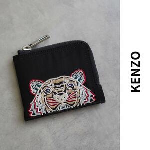 美品 KENZO ケンゾー カードケース タイガー刺繍 ミニサイズ インナーレザー マルチケース シルバージップ ミニウォレット L字ジップ 黒