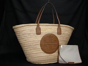 1円 ■新品■未使用■ TORY BURCH トリーバーチ ストロー×レザー トート ショルダーバッグ 肩掛け レディース ライトベージュ系 AL8527