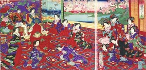 周延浮世絵「花競開化之寿」　木版画　3枚続　※2枚は繋がっています　約各35×24　Chikanobu