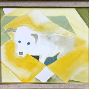 真作■アクリル画■篠島紗恵子■『黄色の箱に入った犬』■可愛らしい逸品■額付絵画　1a