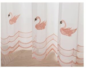 新品　レースカーテン　スワン　ピンク　可愛い　幅150センチ＊丈200センチ　白鳥　お得　フックタイプ　薄手　刺繍 飾り　2枚セット