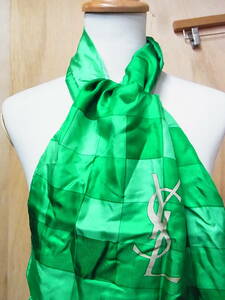 良好 YSL イヴサンローラン ビンテージ ロゴ柄 シルク スカーフ ストール 小物 緑