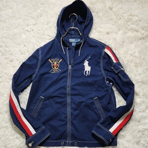 美品 希少 L相当 Ralph Lauren ラルフローレン ブルゾン パーカー デニム ビッグポニー エンブレム サイドライン ジップアップ ネイビー 