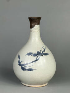 朝鮮美術　李朝時代　青花花卉文花瓶　染付　花器　花入　華道具　古物保証　古玩　コレクター放出