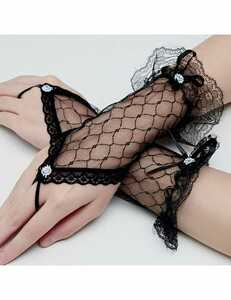 フィンガーレスネイル魅せレースショートウエディンググローブ黒ブラック結婚式新品手袋
