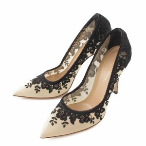 【ジャンヴィトロッシ】Gianvito Rossi メッシュ レース フラワー ヒールパンプス ブラック×ベージュ 38 1/2 【中古】195109