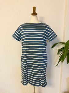 o.中古★ミニ丈ボーダーワンピース【MUJI無印良品】オーバーTシャツ★XS〜Sサイズ★綿100％★くすみブルー×ライトブルー★送料185円