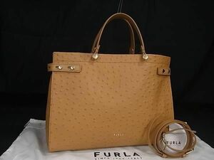 1円 ■新品同様■ FURLA フルラ レディ オーストリッチ型押しレザー 2WAY ハンドバッグ ショルダーバッグ ライトブラウン系 FA6163