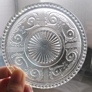明治～大正 プレスガラス 小皿 唐草文 透明 Antique pressed glass plate, early 20th