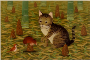 可愛い猫の画家　滝かつとし　猫の額付ミニアート「昼寝してたの？…」キジトラ猫　生産終了品、在庫限りです。