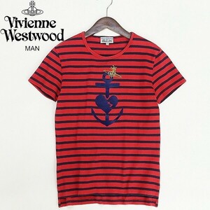 ◆Vivienne Westwood MAN ヴィヴィアンウエストウッド マン ボーダー柄 オーブ刺繍 マリン フロッキープリント コットン 半袖 Tシャツ 44