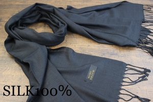 新品 薄手【シルク100% SILK】無地 ブラック BLACK 黒 Plain 大判 ストール