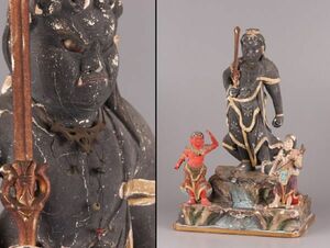 古美術 仏教美術 時代木彫 玉眼 時代彩色木彫 不動明王 三尊仏 仏像 時代物 極上品 初だし品 C5317