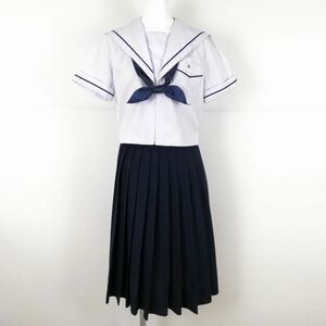 1円 セーラー服 スカート スカーフ 上下3点セット 160A トンボ 夏物 青1本線 女子 学生服 中学 高校 白 中古 ランクC NA1681