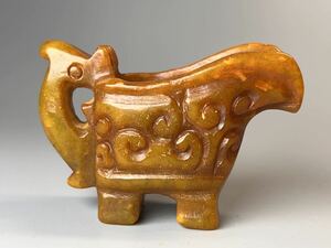 古美術 中国 鶏油黄 爵杯 巻雲紋 置物 天然玉石 手彫り アンティーク