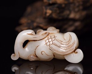 ◆古寳堂◆清 和田玉製 細密彫 鵝如意 置物 賞物 極細工 古置物 古擺件 中国古美術 時代物 古董品